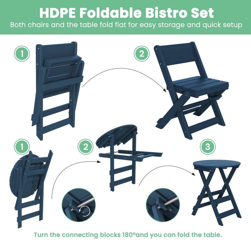 3-Piece Outdoor HDPE Bistro Set, Waterproof, Weather-Resistant & Foldable