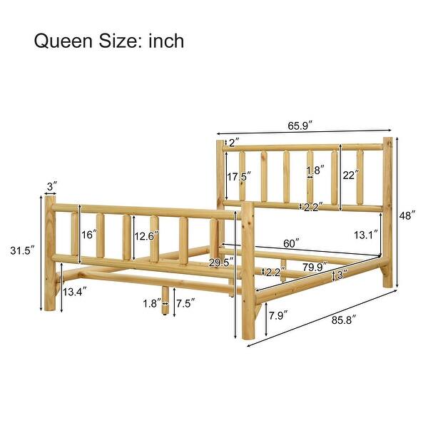 Queen Size Rustic Farmhouse Log Bed Frame, Solid Pine Cylinder Construction, Fits Mattresses and Box Springs, Natural