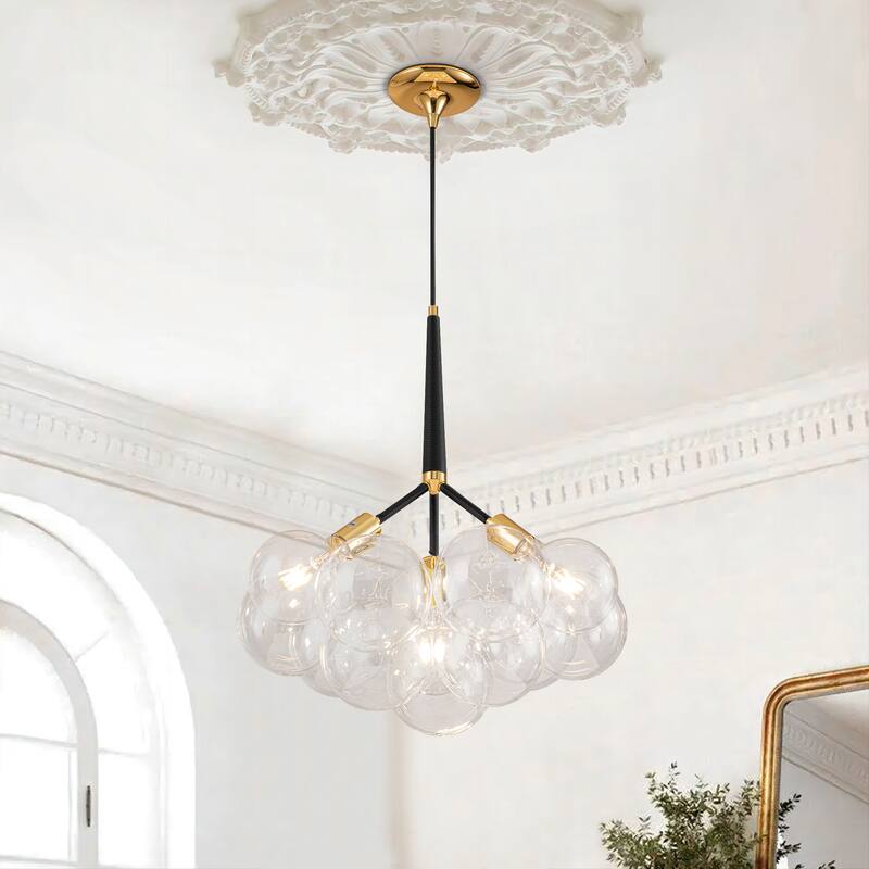 3-Light Modern Glam Cluster Clear Glass Globe Bubble Chandelier with Bulbs Included - 19.7 in. W x 22 in. H - 19.7 in. W x 22 in. H - Black
