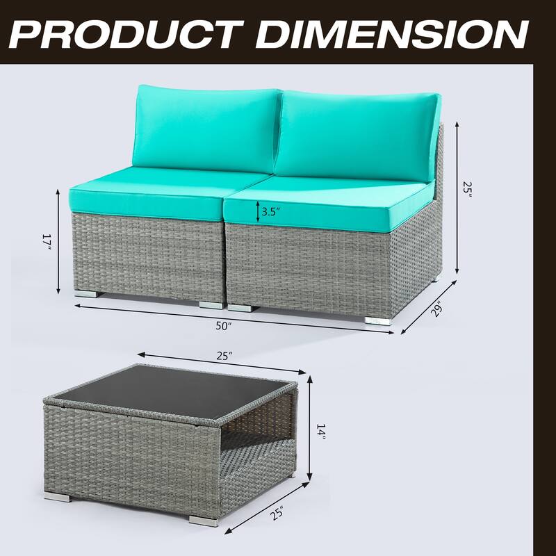3-Piece Wicker Outdoor Patio Furniture Sectional Conversation Set with Cushion and Side Table