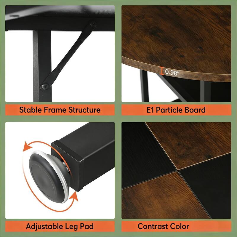 Round Dining Table with Storage Shelf, Kitchen Table with Black and Brown Splicing Desktop, Office Table Coffee Table