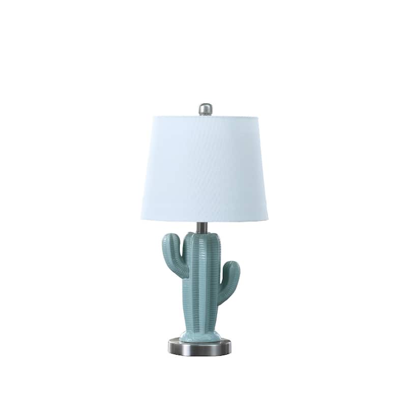 22 Inch Cactus Table Lamp in Pale Blue Green with Off White Shade - 11" L x 11" W x 22" H