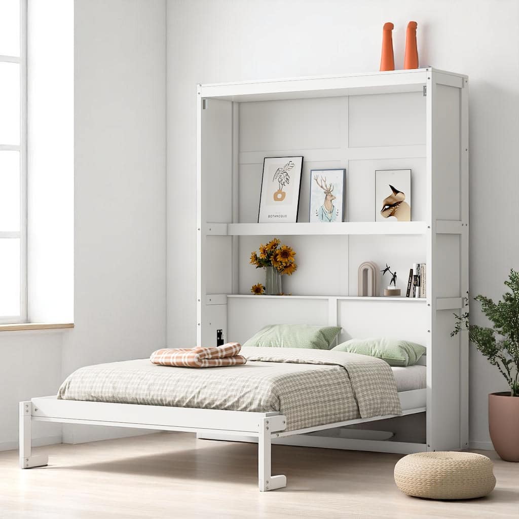Queen Size Rattan Headboard Bed with Storage Drawers and Pull-Out Trundle, Wood Frame with Organizer Shelves