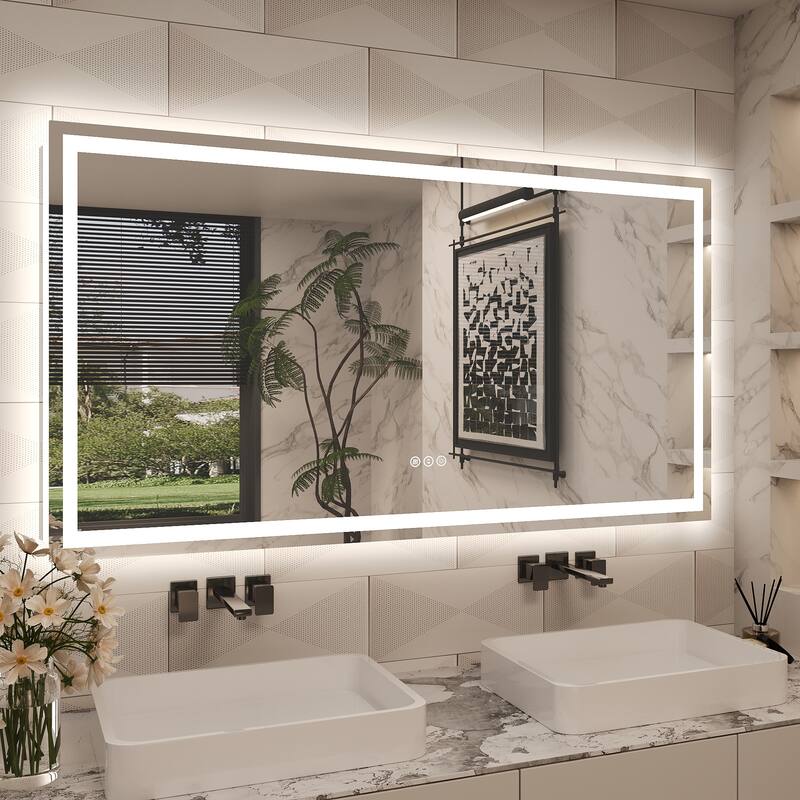 Frameless LED Front Light and Backlit 3 Colors Dimmable Anti-Fog Wall Bathroom Vanity Mirror - 55" x 30"-Square Corner