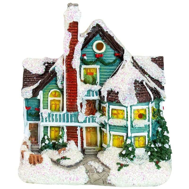 5.5" Green LED Lighted Snowy House Christmas Village Decoration
