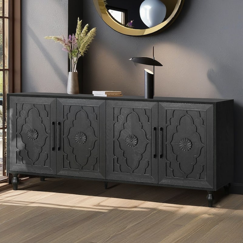 Emma Carved Flower Door Large Storage Sideboard Cabinet with Metal Handles by GDFStudio - Black