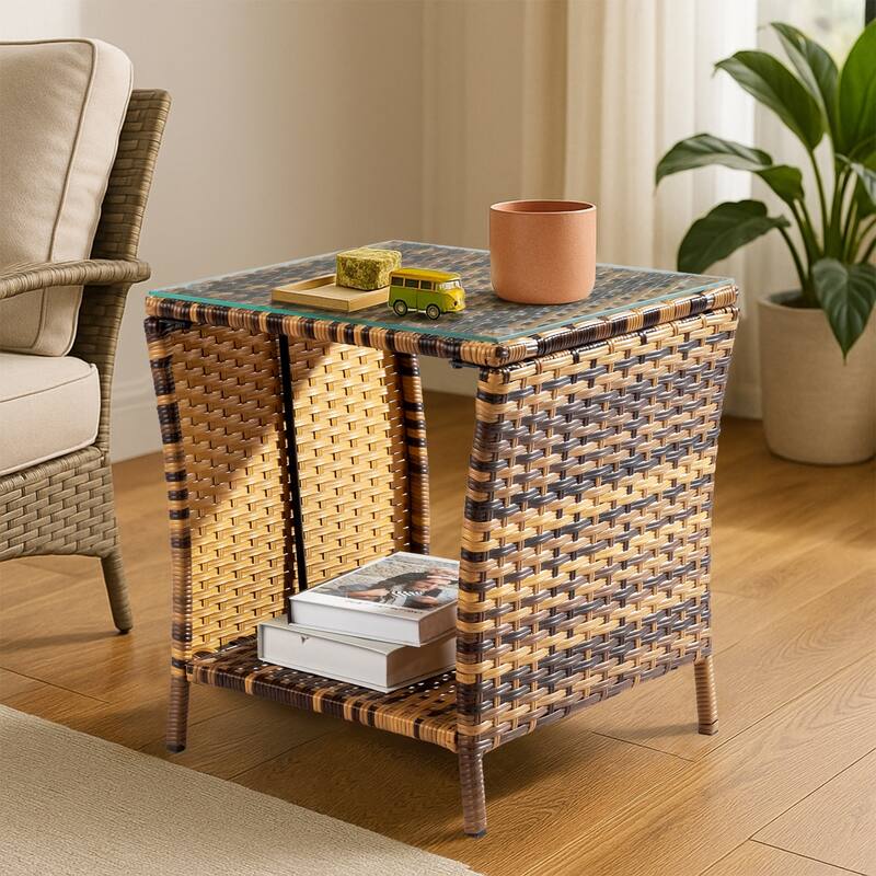 Yellow Gradient Rattan Side Table with Tempered Glass Top - 18.11 x 18.11 x 19.49