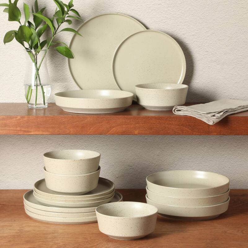 Gibson Elite Overbrook 16-Piece Pottery Clay Stoneware Stackable Dinnerware Set - Plates & Bowls, Reactive Glaze, Service for 4