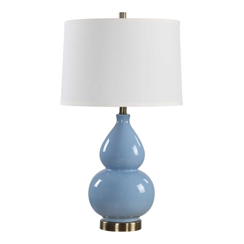 Roe Table Lamp, White Linen Shade, Blue Gourd Ceramic Body, 26 Inch