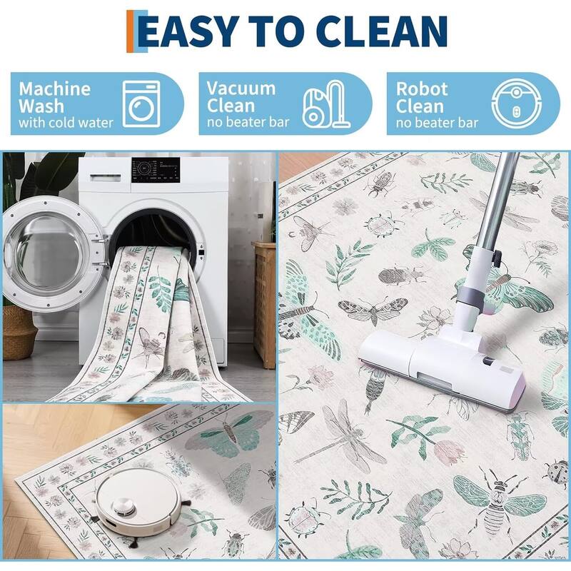 Floral Insect Print Washable Area Rugs for Living Room, Modern Non Slip Low Pile Area Rug