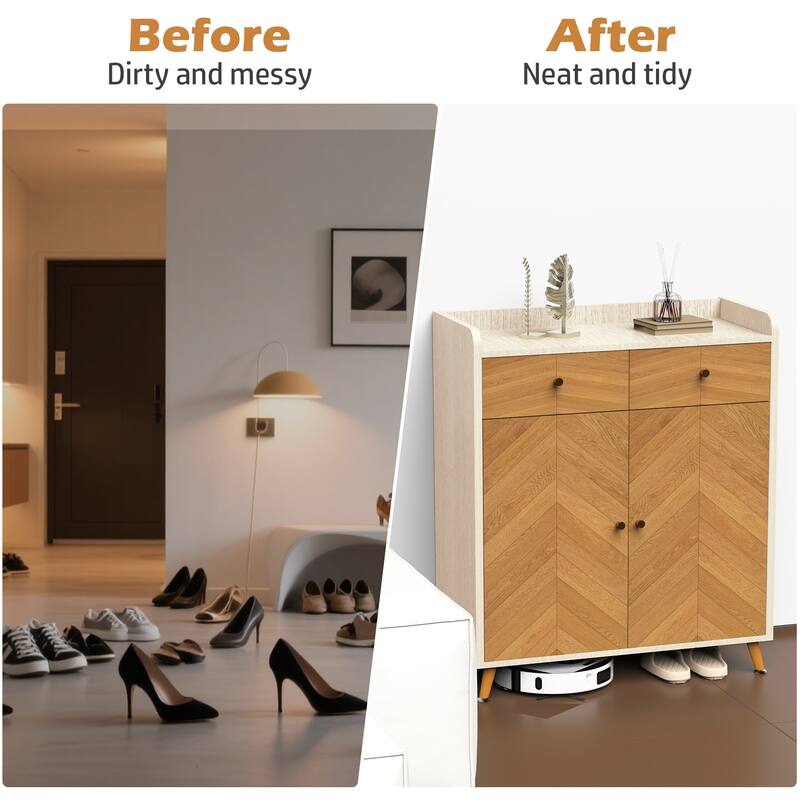 Modern 4-Tier Shoe Cabinet with 2 Drawers and Adjustable Shelves, Herringbone Wooden Freestanding Shoe Storage for Entryway