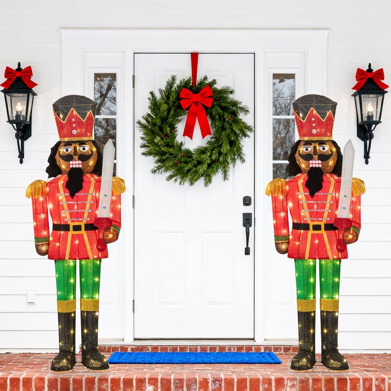 5 Ft Lighted Nutcracker Soldier with 100 LED Lights and Glitter Sword for Indoor Outdoor Decor - Multi - 21.5" x 5 ft