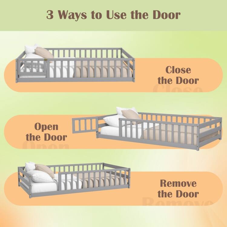 Twin Size Kids Wood Montessori Floor Bed with Door and Fence