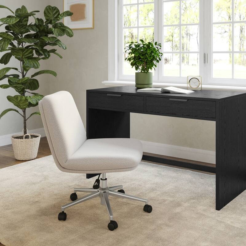 Martha Stewart Upholstered Swivel Home Office Chair with Wide Seat - Grey White Fabric/Polished Nickel Frame