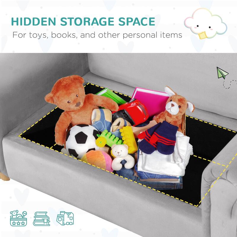 Grey Toddler Sofa Chair with Velvet Cover and Thick Sponge Padding and Hidden Storage for Kids - 33" L x 16.25" W x 19" H
