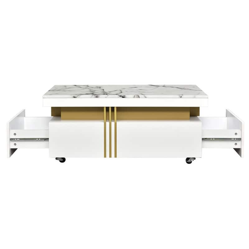 Modern/Luxury Wood Coffee Table For Living Room,Cocktail Table with Storage Drawers,Faux Marble Top