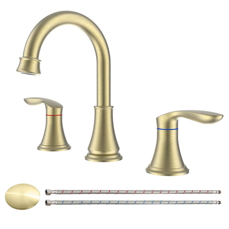 2-Handle Bathroom Sink Faucet 3 Hole 360° Swivel Spout Vanity Sink with Pop Up Drain Assembly and cUPC Water Supply Hoses - Brushed Gold