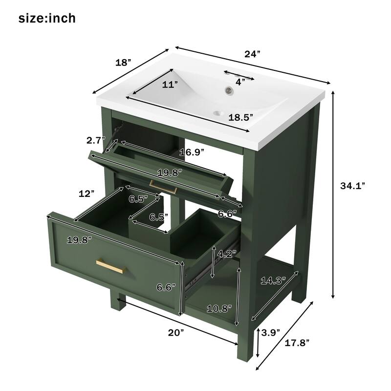 24" Bathroom Vanity with Top Sink, Modern Bathroom Storage Cabinet with 2 Drawers, Single Sink Bathroom Vanity