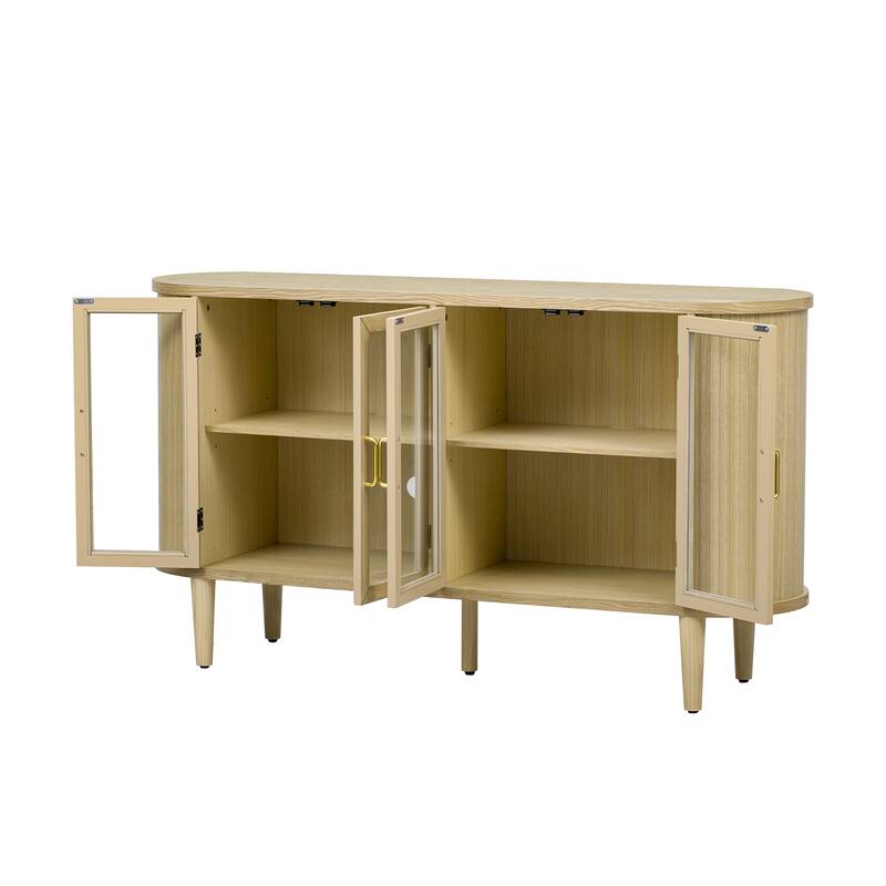 Buffet Cabinet with Glass Doors, Multifunctional Solid Wood Sideboard, Storage Cabinet with Adjustable Shelves & Oval Tabletop