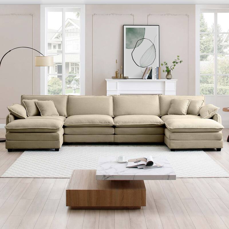 6-piece Oversized Corduroy Upholstered U-Shaped Modular Sectional Sofa with 2 Removable Ottoman and Free Combination