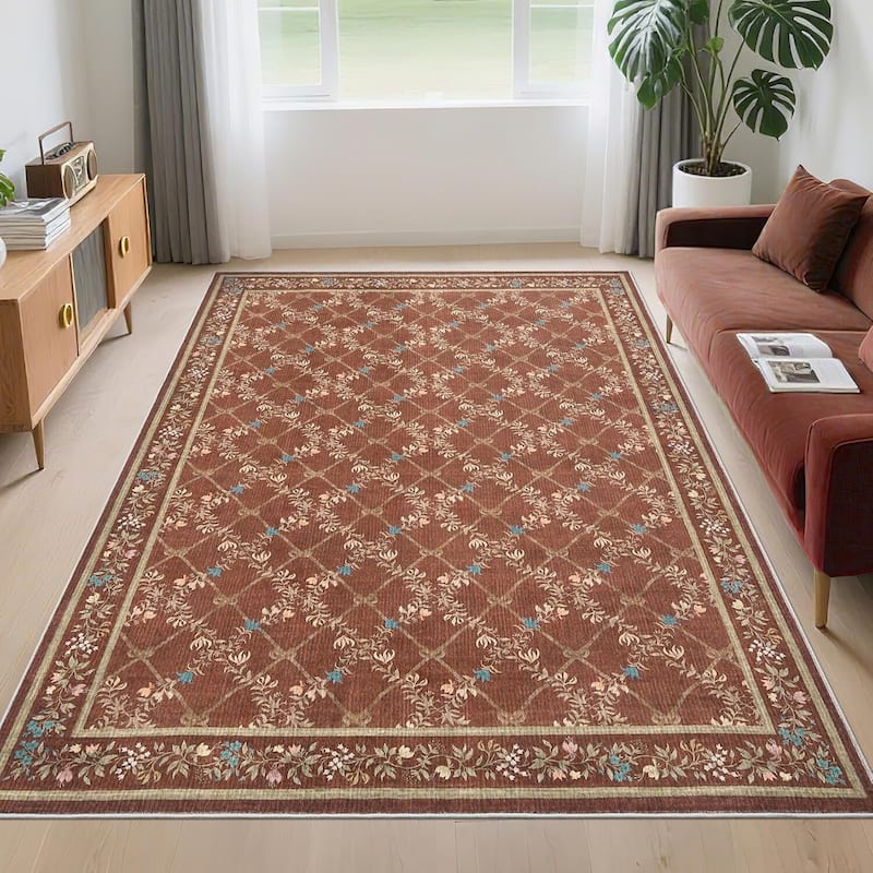 Floral Neutral Washable Hallway Low Pile Area Rug for Bedroom, Living Room, Red - 2' x 3' - Red 5*7ft