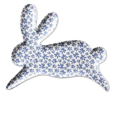 Leaping Easter Bunny Platter Earthenware Dishwasher Safe Blue and White Print 15 in x 12.6 in