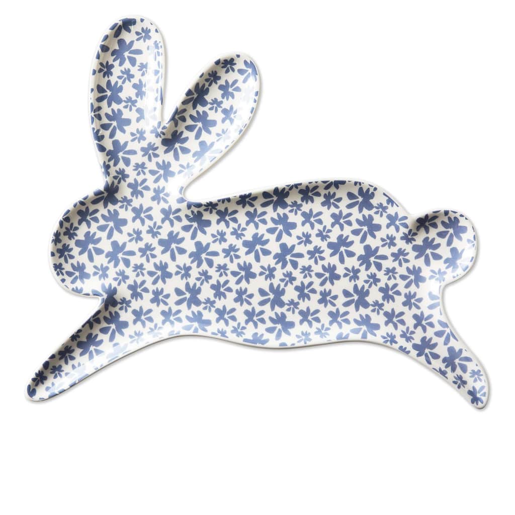 Leaping Bunny Ceramic Serving Platter 15 x 12.6 in Dishwasher Safe Spring Summer Blue