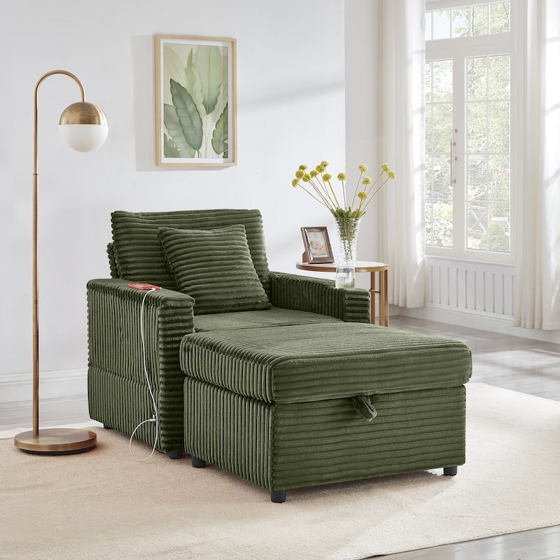 Fluffy Corduroy Lazy Sofa Chaise Lounge with Accent Chair, Storage Ottoman, Folding Table Board, Cup Holder and USB