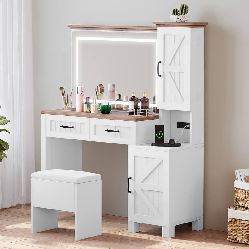 Moasis Farmhouse Vanity Makeup Desk with Adjustable Lighted Mirror Charging Station Vanity Desk with Stool