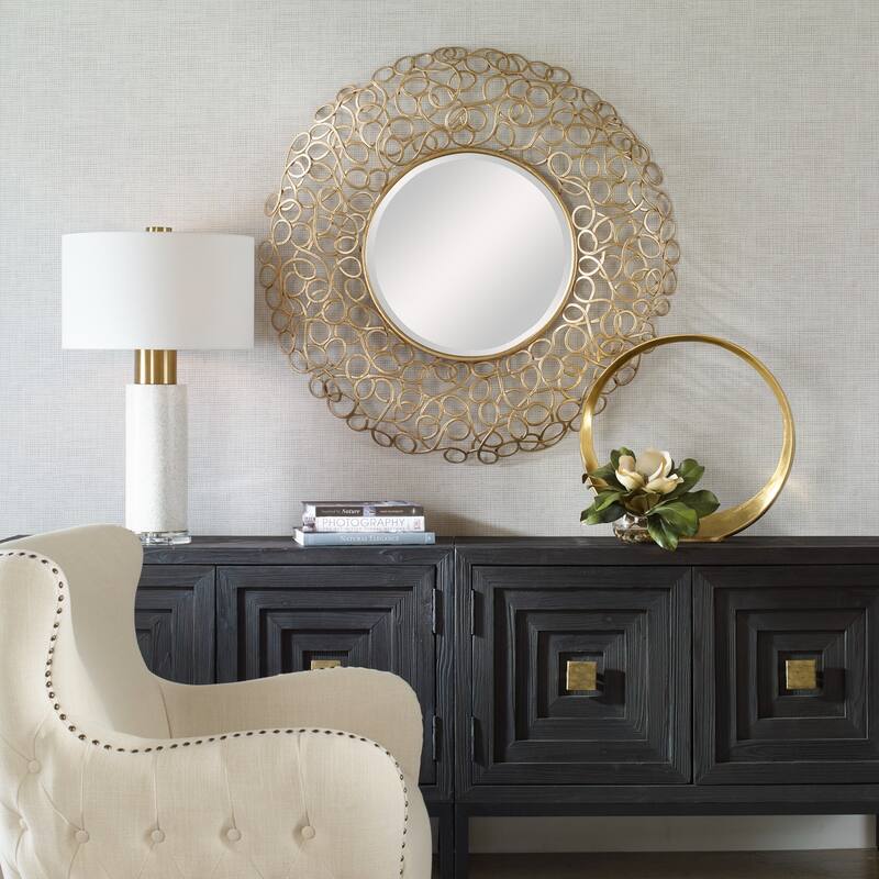 Curled Frame Round Beveled Wall Mirror - 41.75" - Gold