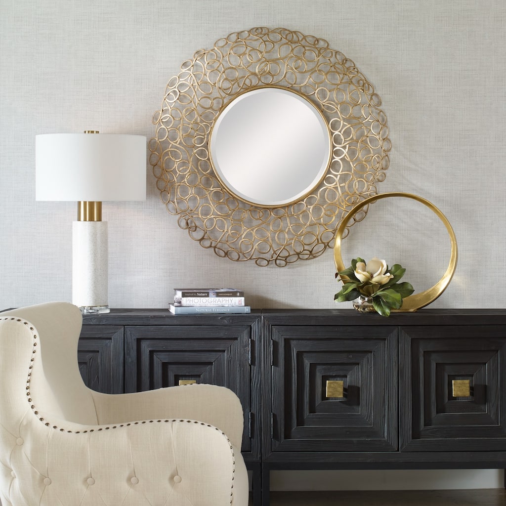 Curled Frame Round Beveled Wall Mirror - 41.75" - Gold