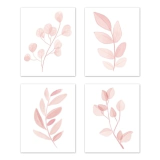 Blush Pink and White Floral Leaf Wall Decor Art Prints Set of 4 Boho Chic Bohemian Watercolor Botanical Woodland Single Flower