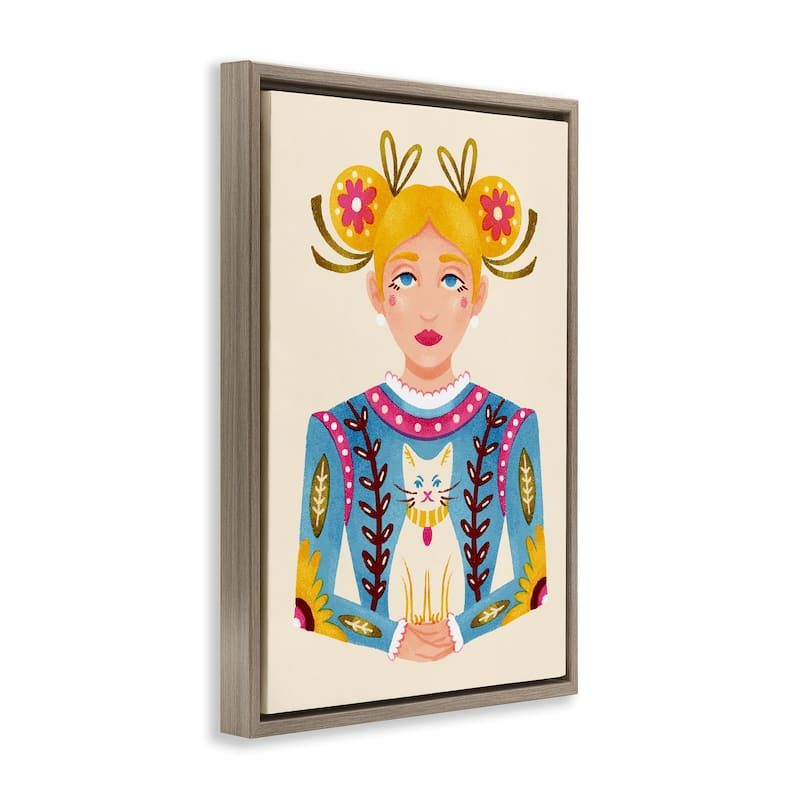 Stupell Blonde Folk Girl with Cat Framed Floater Canvas Wall Art Design By Hannah Moren
