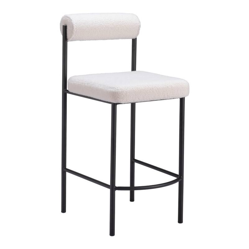 HomeRoots Set of Two 26" Ivory and Black Faux Shearling and Steel Low Back Counter Height Bar Chairs