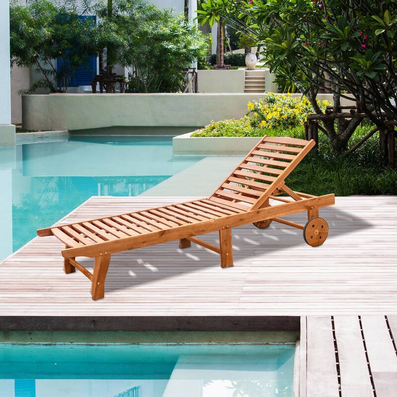 Foldable Wood Outdoor Chaise Lounge with Wheels and 4-Position Adjustable Backrest for Patio Poolside or Beach