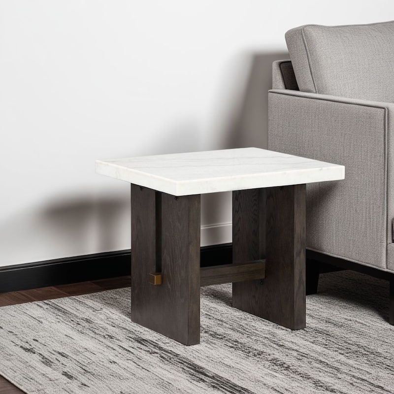 Haus Side End Table, Marble Top, Panel Legs, 26 Inch Brown Solid Wood