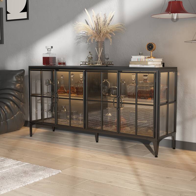 63" Black Glass Door Sideboard Cabinet with LED Lights, Metal Frame Storage Buffet Cabinet Wine Cabinet