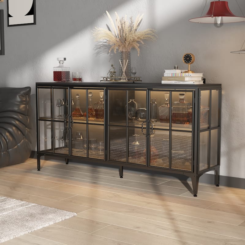 Buffet LED Light Industrial Glass Sideboard with Metal Frame and Tempered Glass Doors