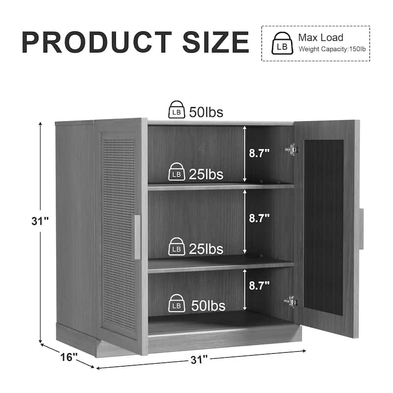 31"H Classic Storage Cabinet with Adjustable Shelves with Rattan Doors
