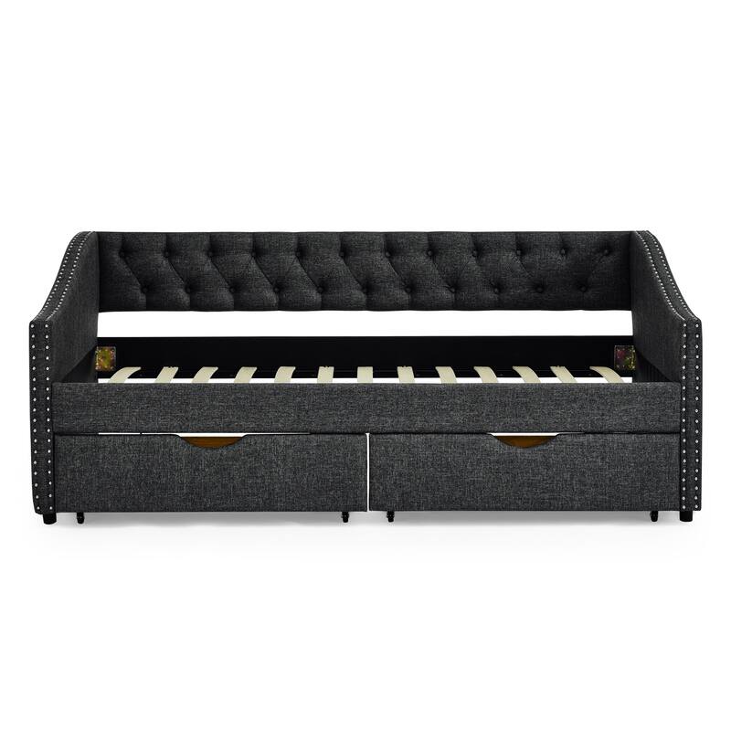 Roomfitters Twin/Full/Queen Upholstered Daybed with Tufted Backrest, Nailhead Trim and Underbed Storage Trundle