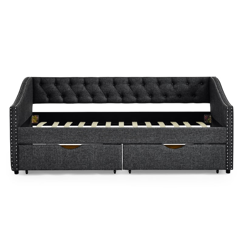 Tufted Button Daybed with 2 Storage Drawers/Upholstered Sofa Bed Frame w/Copper Nail on Waved Shape Armrests/No Spring Box Need