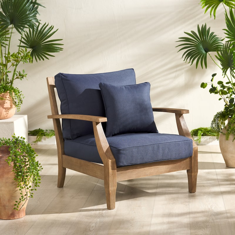 SAFAVIEH Couture Freida Wood Patio Arm Chair - 31.4" W x 35.6" L x 32.6" H - 31"W x 36"D x 33"H - Natural/Navy