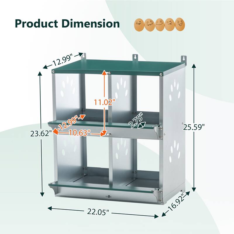 4-Compartment Chicken Nesting Box - Wall-Mount Metal Egg Laying Box for Poultry Breeds