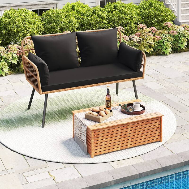 Gymax Patio Wicker Loveseat Furniture w/Seat Back Cushions Heavy-Duty