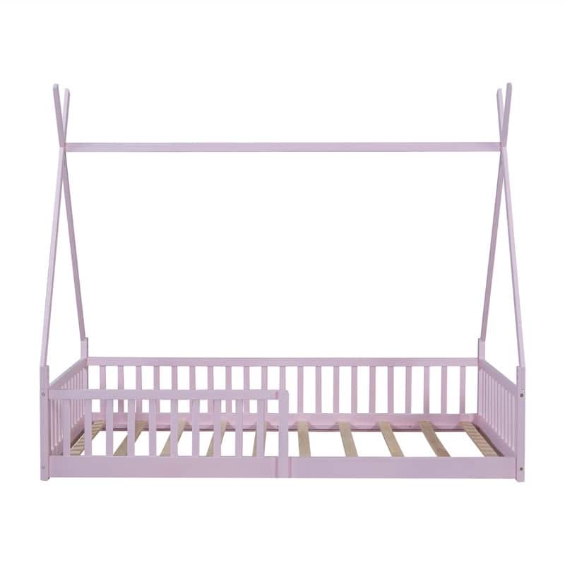 Twin Size House Floor Bed with Fence, Wooden House Shaped Montessori Bed with Triangulat Design for Kids