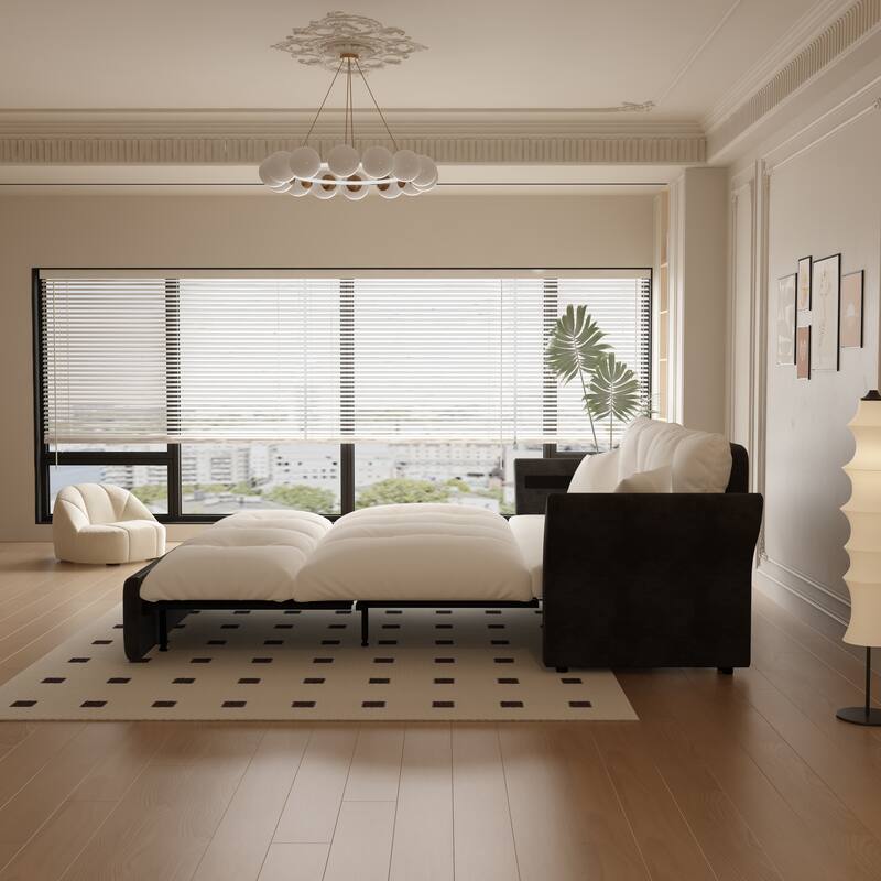 74.8" Queen Pull Velvet Out Sofa Bed, 3-in-1 Convertible Sleeper Tufted Sofa with 2 Soft Pillows-White