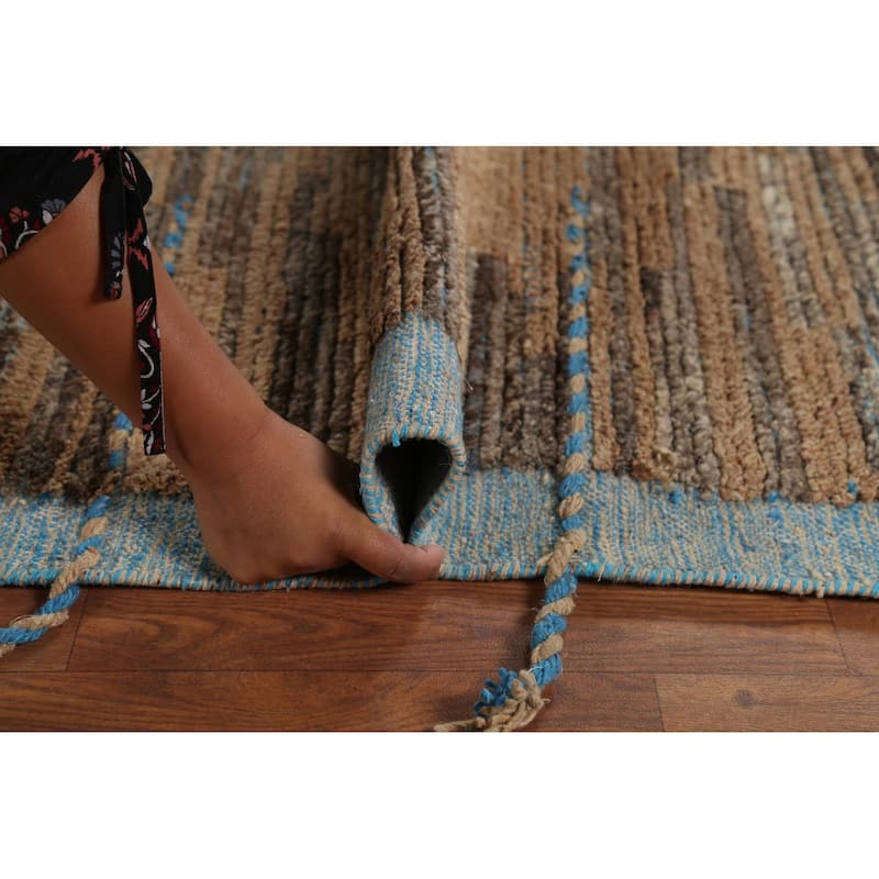 Brown Striped Moroccan Modern Area Rug Hand-Knotted Wool Carpet - 8'9"x 13'0"