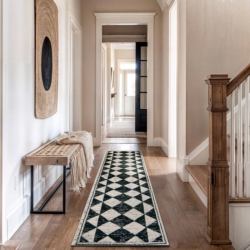 Geometric Bohemian Area Rug, Black Gray Ivory, Perfect for Living Room - 2' 3" x 12'