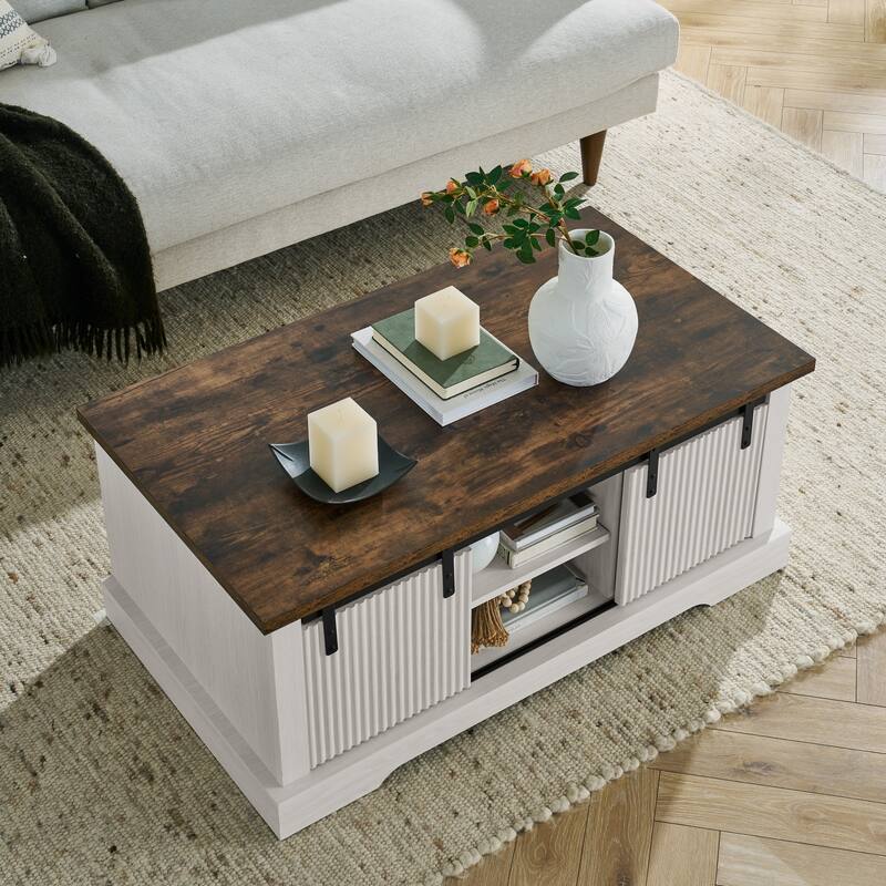 41.3 Inch Coffee Table with Storage and Sliding Wood Door, Farmhouse and Industrial Cocktail Table with Adjustable Shelv