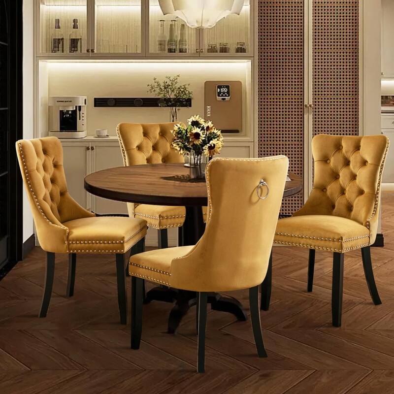 Tufted Naliheads Solid Wood Upholstered Dining Chairs (Set of 4) - Gold BlackLegs